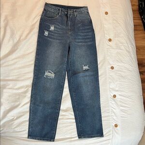 SHEIN Blue Straight Leg Jeans with Distressed Details